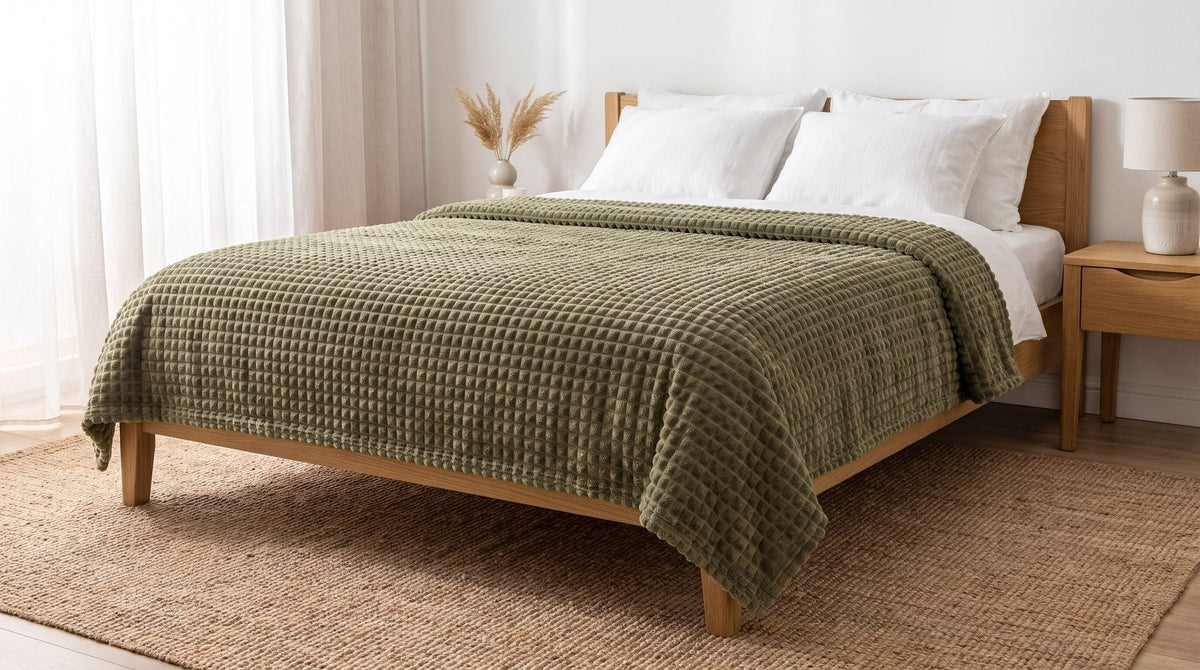 Oliwkowy koc w kostkę 200x220 cm jako narzuta na łóżku dwuosobowym, zwisający po bokach materaca