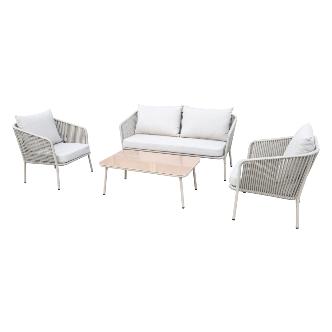 Zestaw mebli ogrodowych beżowy aluminium sofa fotele stolik szklany blat