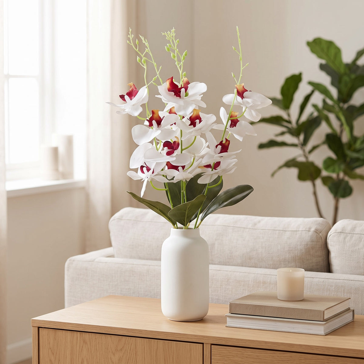 Storczyk Sztuczny Bukiet Biały Z Czerwonym Środkiem 59cm Orchidea 5 Gałązek