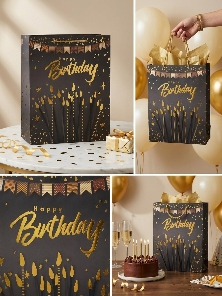 Torba Prezentowa 32x26x12 cm Czarno-Złota Happy Birthday Świeczki