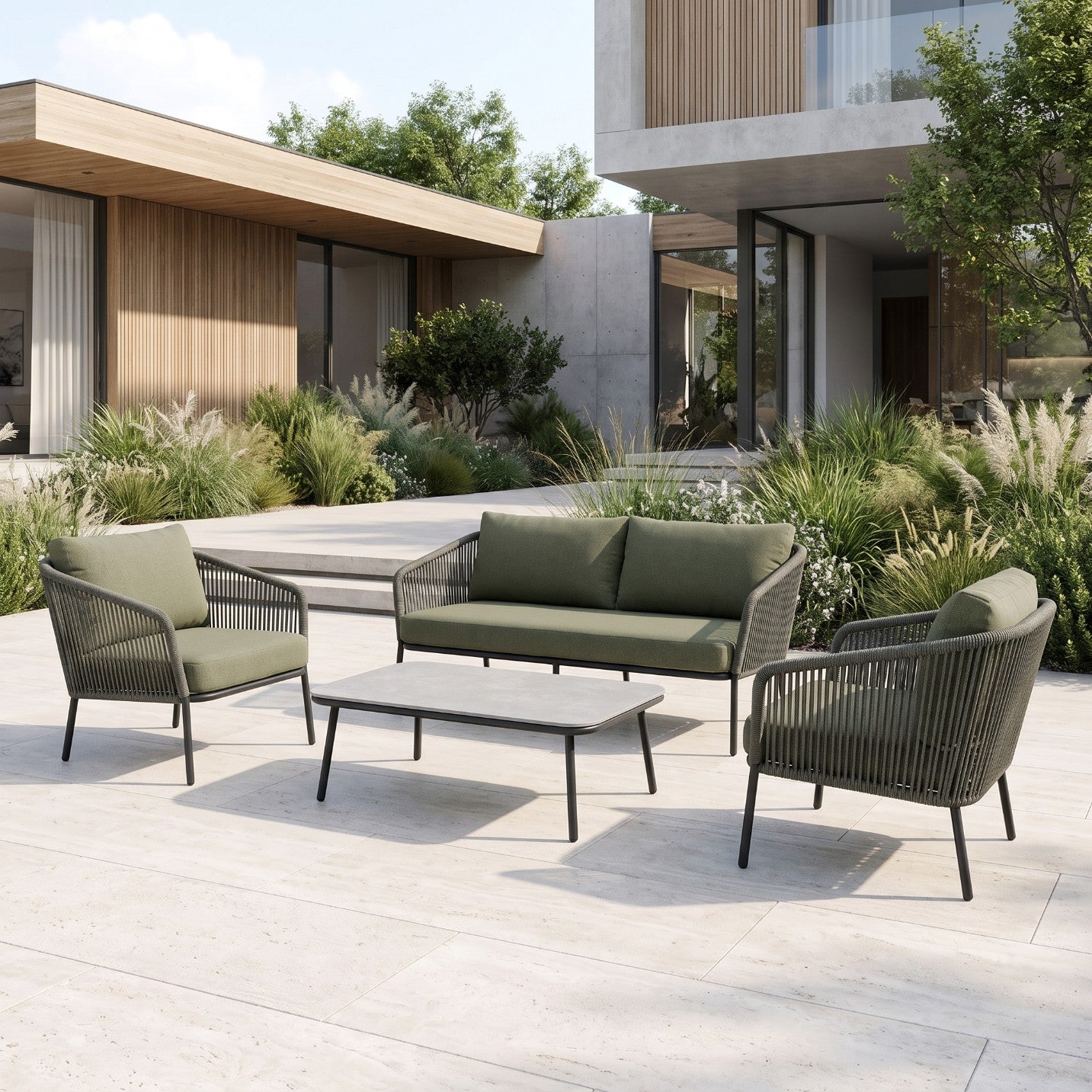Zestaw mebli ogrodowych zielony aluminium sofa fotele stolik sznurowanie