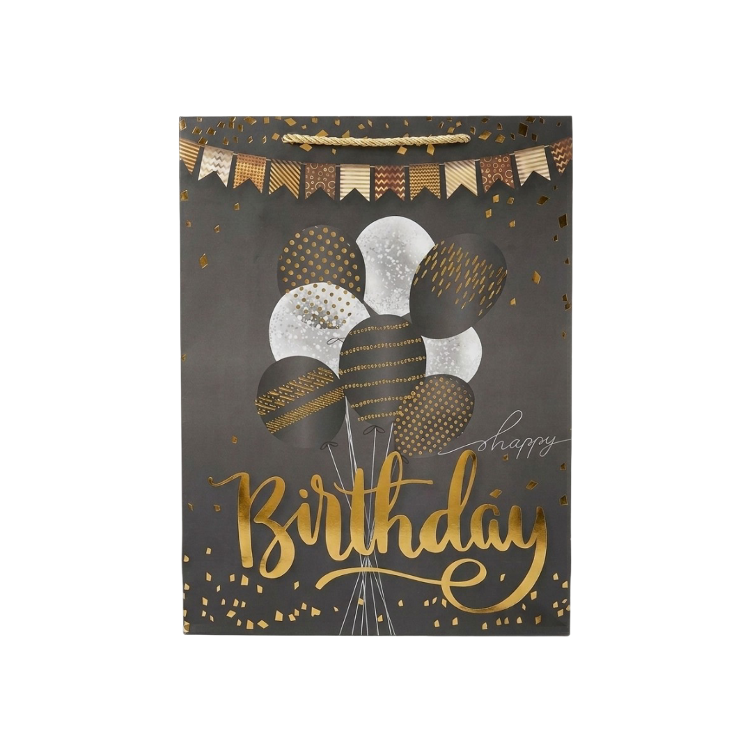 Torebka Prezentowa 40x30x12 Czarno-Złota Happy Birthday Balony