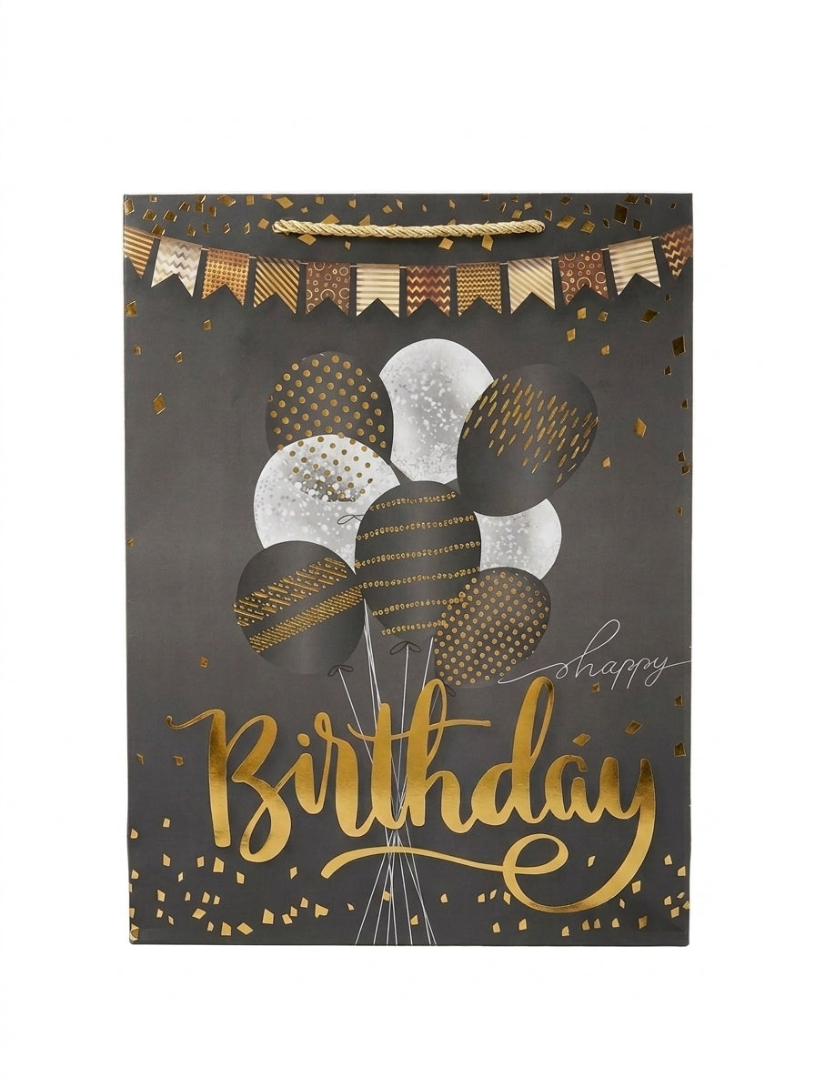 Torba Prezentowa 40x30x12 Czarno-Złota Happy Birthday Balony