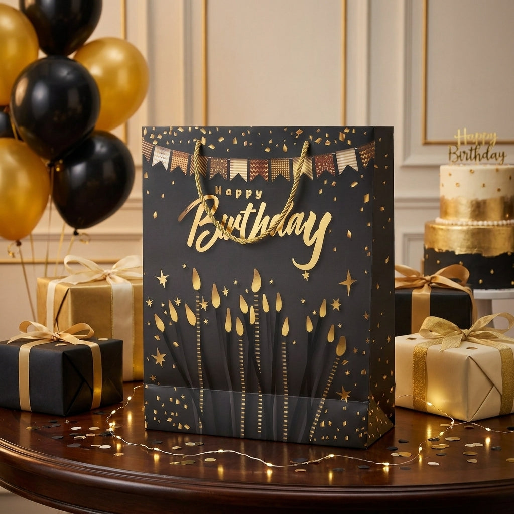 Torba Prezentowa 23x18x10 Czarno-Złota Happy Birthday Świeczki