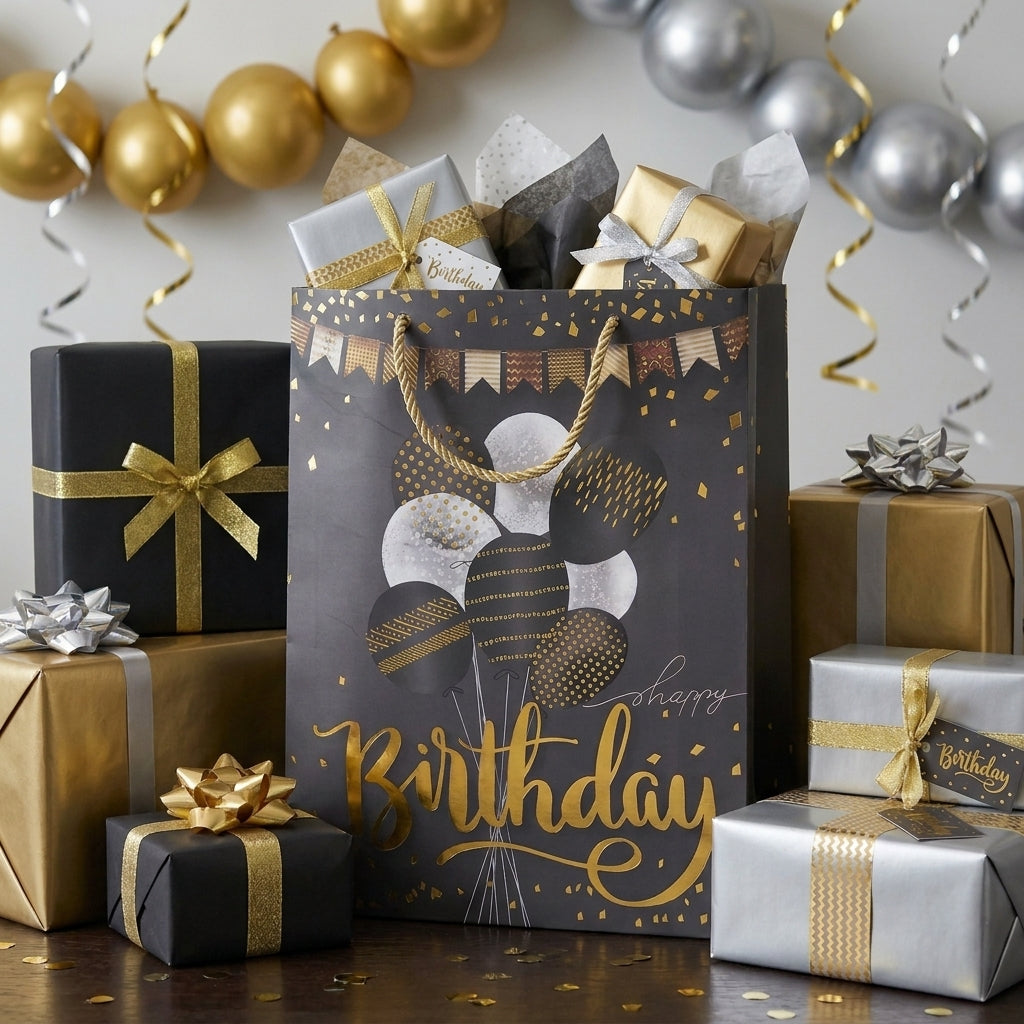 Torba Prezentowa 40x30x12 Czarno-Złota Happy Birthday Balony