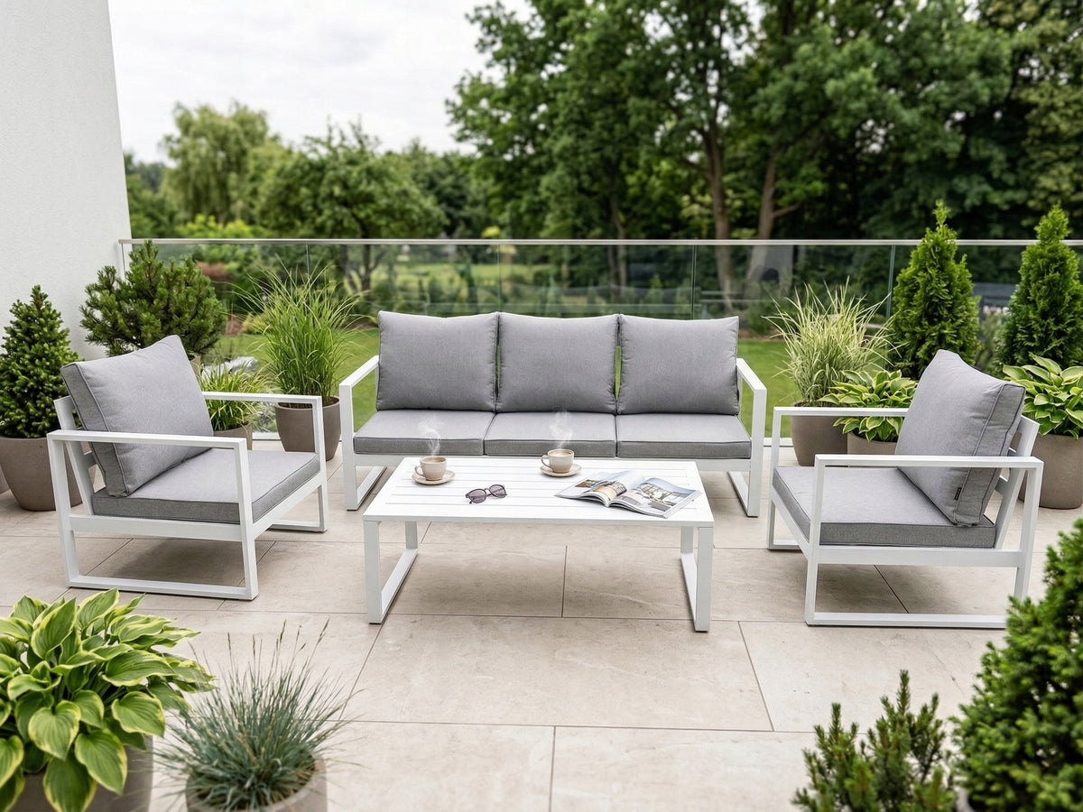 Zestaw mebli ogrodowych biały tarasowy 4 el. aluminiowych sofa, kanapa stół