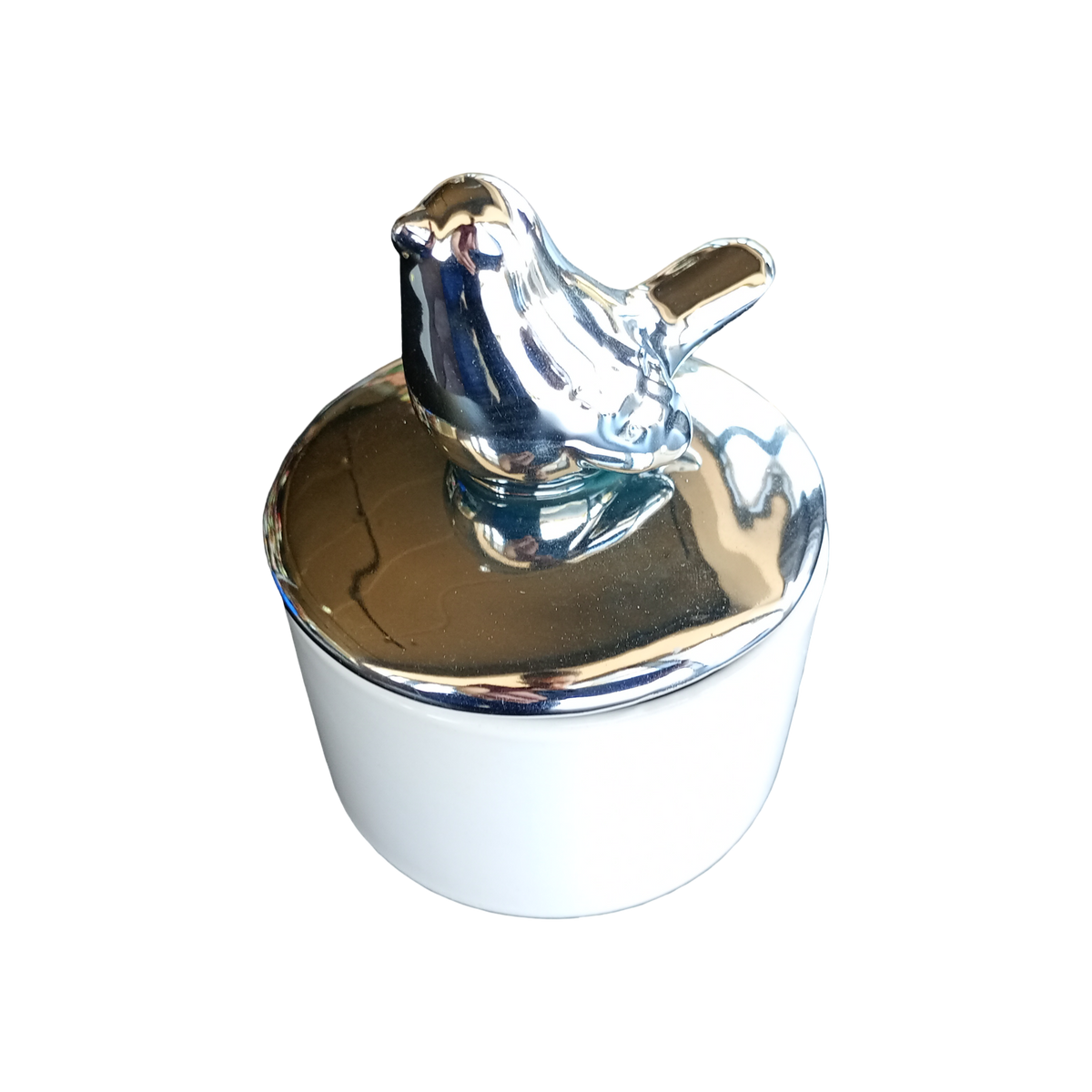 Szkatułka ceramiczna ptaszek biała srebrna pokrywka 10cm na biżuterię, zdjęcie 3