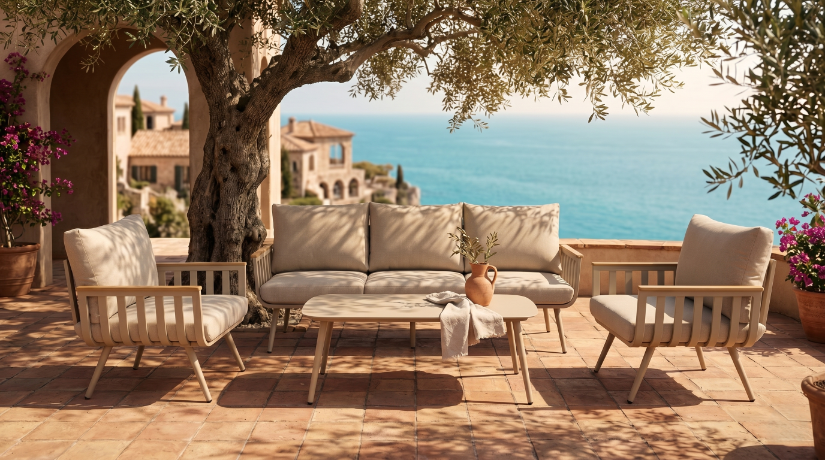 Zestaw Mebli Ogrodowych Sofa Stolik Fotel x2 Beżowy Drewnopodobny
