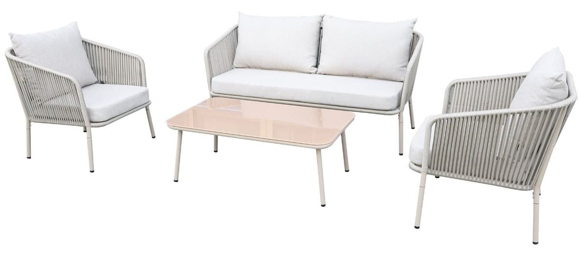 Zestaw mebli ogrodowych beżowy aluminium sofa fotele stolik szklany blat