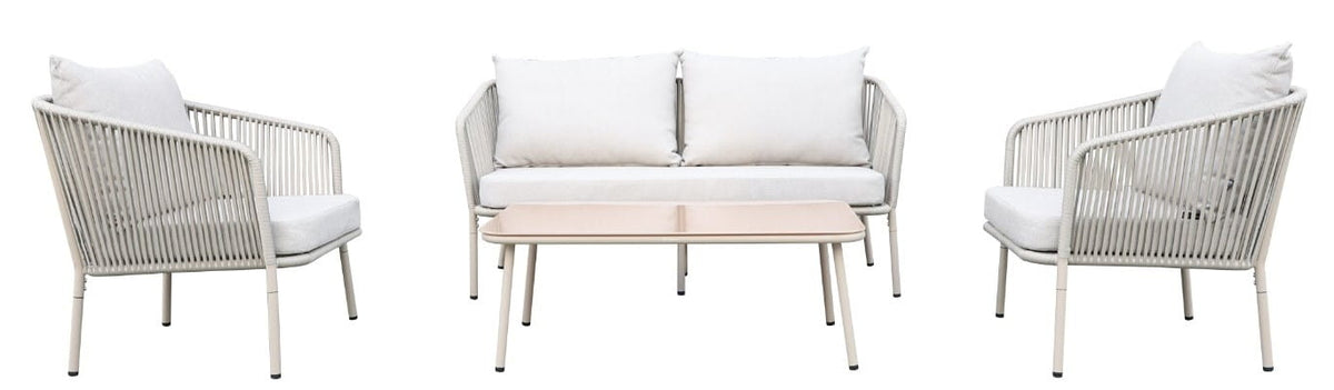 Zestaw mebli ogrodowych beżowy aluminium sofa fotele stolik szklany blat