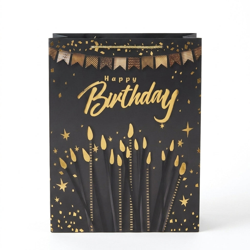 Torba Prezentowa 32x26x12 cm Czarno-Złota Happy Birthday Świeczki