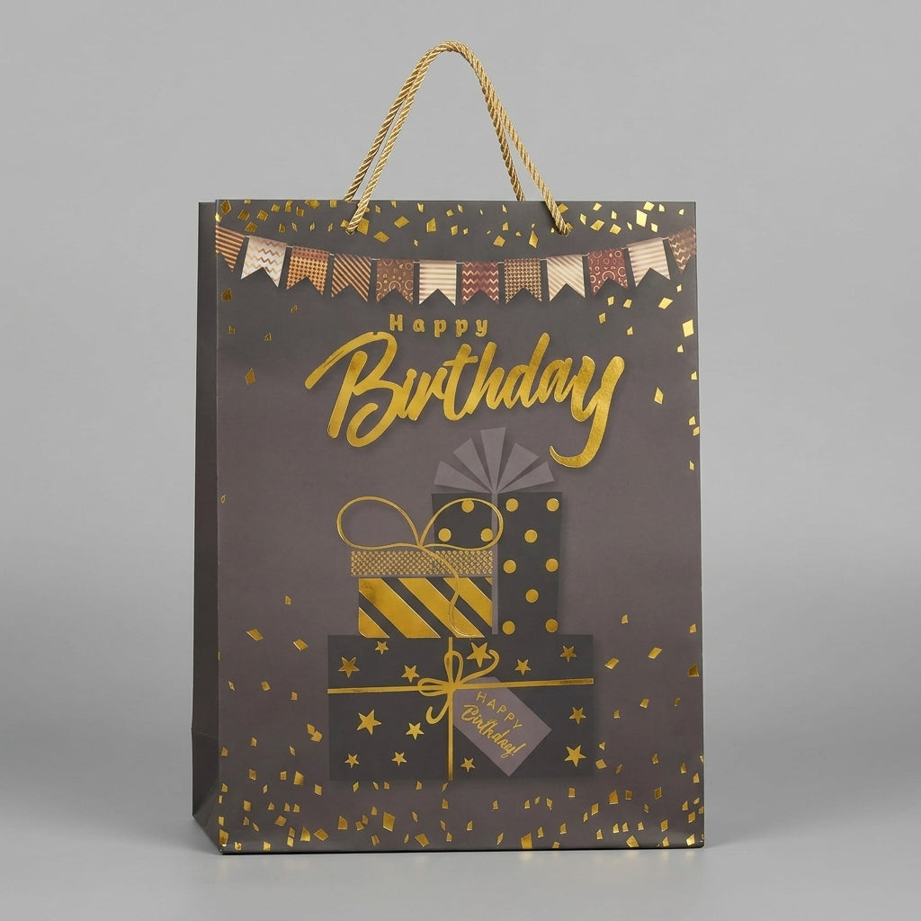 Torba Prezentowa 40x30x12 Czarno-Złota Happy Birthday Prezent