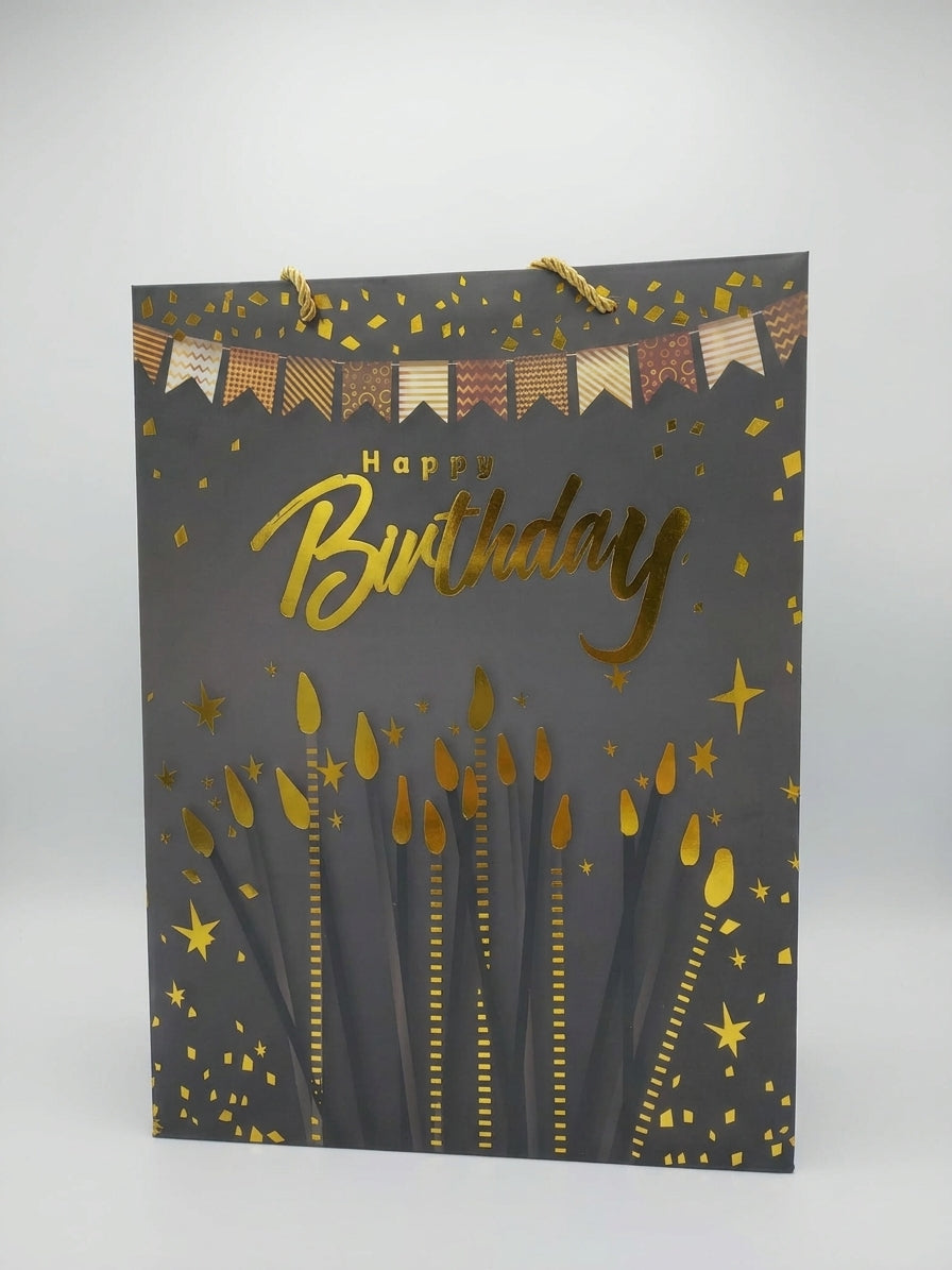 Torba Prezentowa 23x18x10 Czarno-Złota Happy Birthday Świeczki