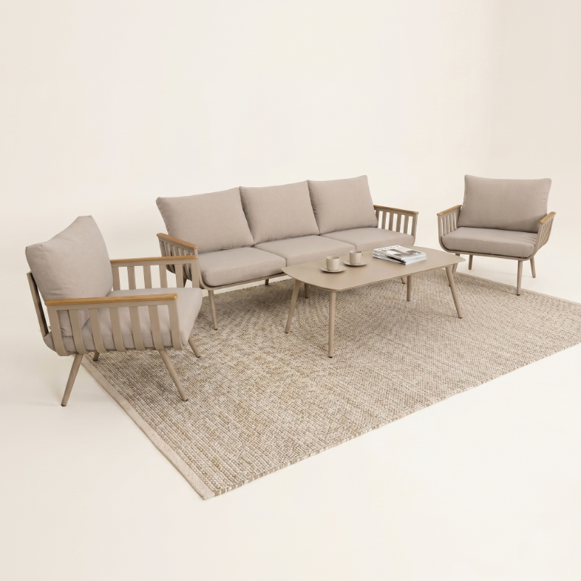 Zestaw Mebli Ogrodowych Sofa Stolik Fotel x2 Beżowy Drewnopodobny