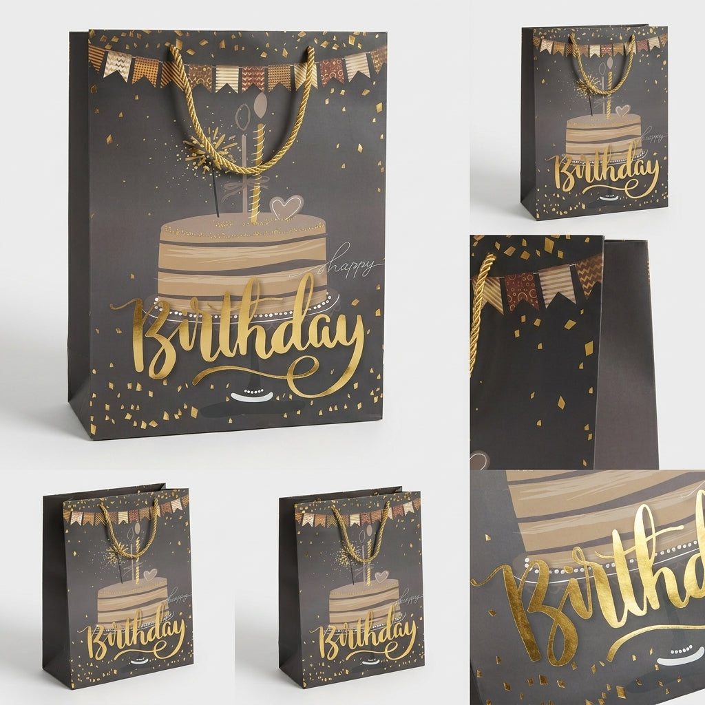 Torba Prezentowa 40x30x12 Czarno-Złota Happy Birthday Tort