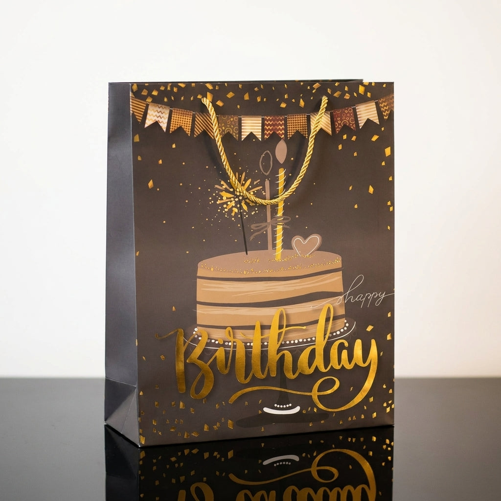 Torba Prezentowa 32x26x12 Czarno-Złota Happy Birthday Tort