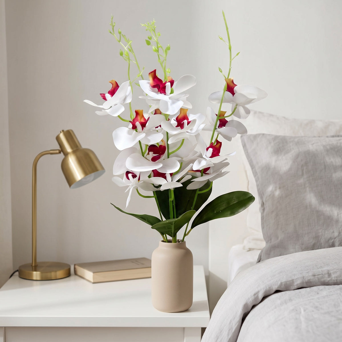 Storczyk Sztuczny Bukiet Biały Z Czerwonym Środkiem 59cm Orchidea 5 Gałązek