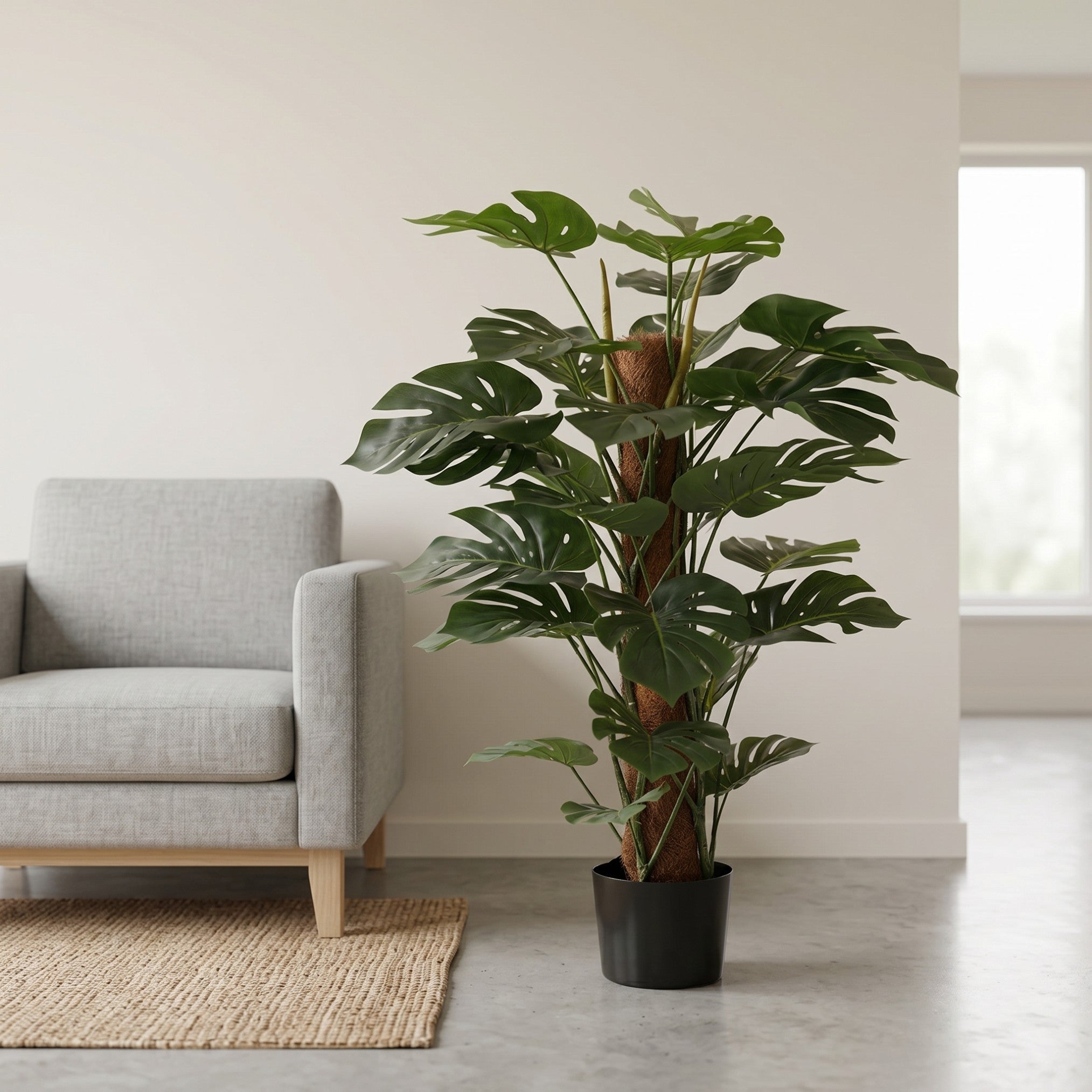 Duża sztuczna monstera w doniczce 110 cm na słupku kokosowym do salonu i biura