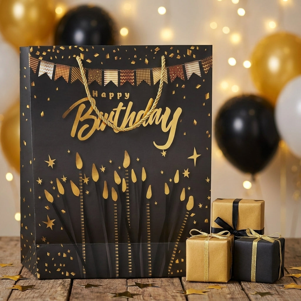 Torba Prezentowa 32x26x12 cm Czarno-Złota Happy Birthday Świeczki