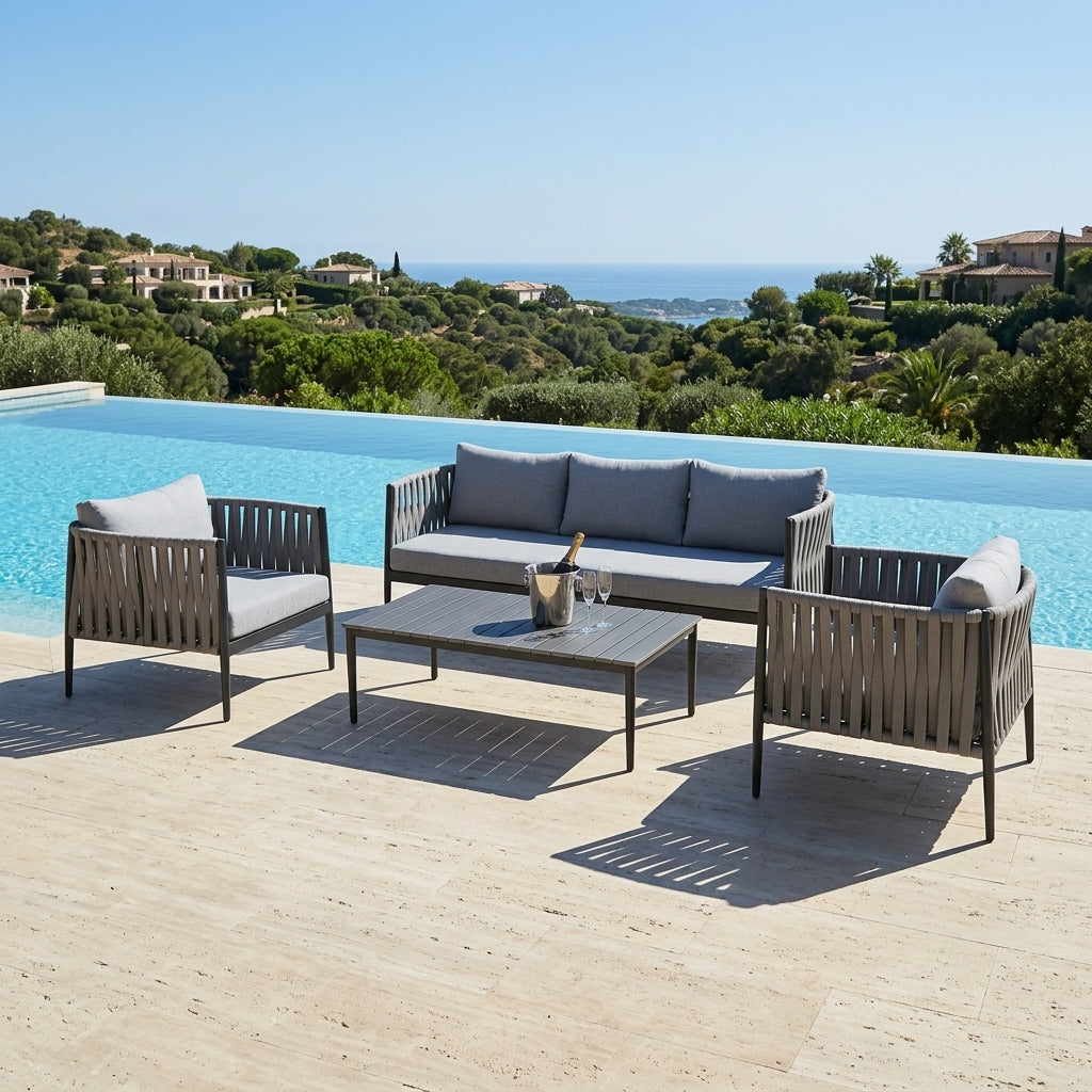 Zestaw Mebli Ogrodowych Aluminium Sofa 2x Fotel Stolik Szary