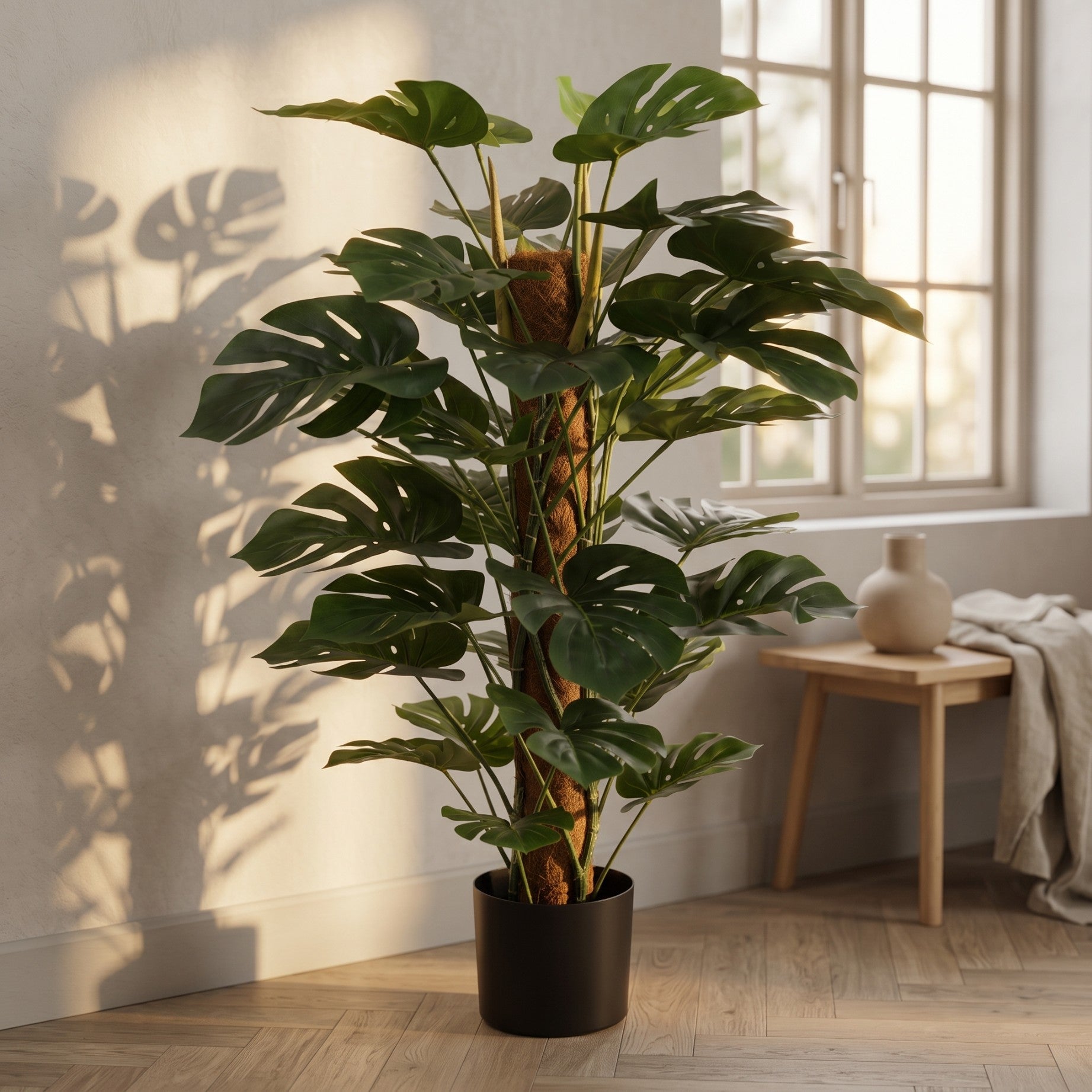 Duża sztuczna monstera w doniczce 110 cm na słupku kokosowym do salonu i biura