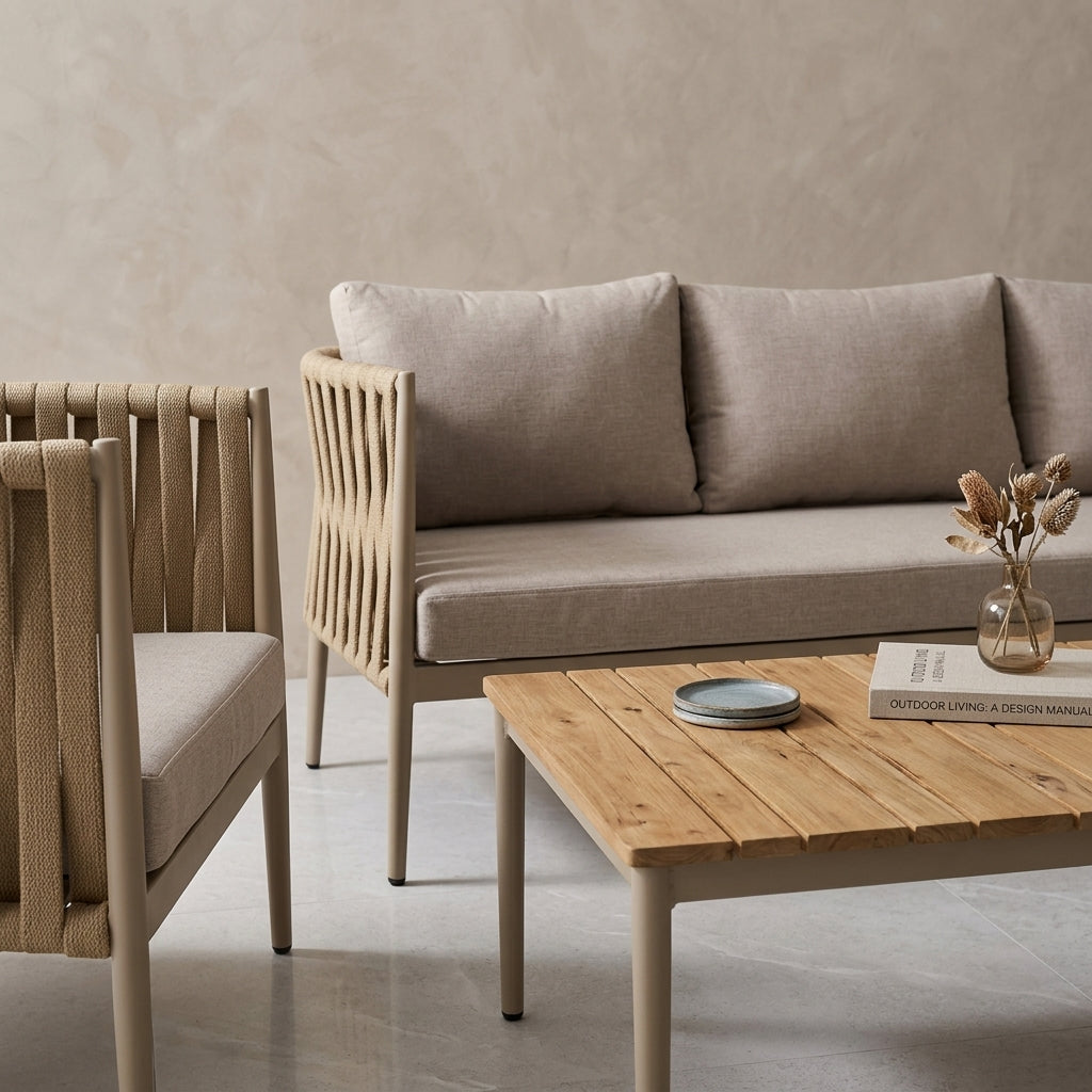 Zestaw Mebli Ogrodowych Aluminium splot linowy Stolik Beżowy