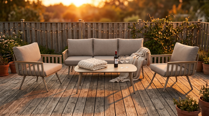 Zestaw Mebli Ogrodowych Sofa Stolik Fotel x2 Beżowy Drewnopodobny