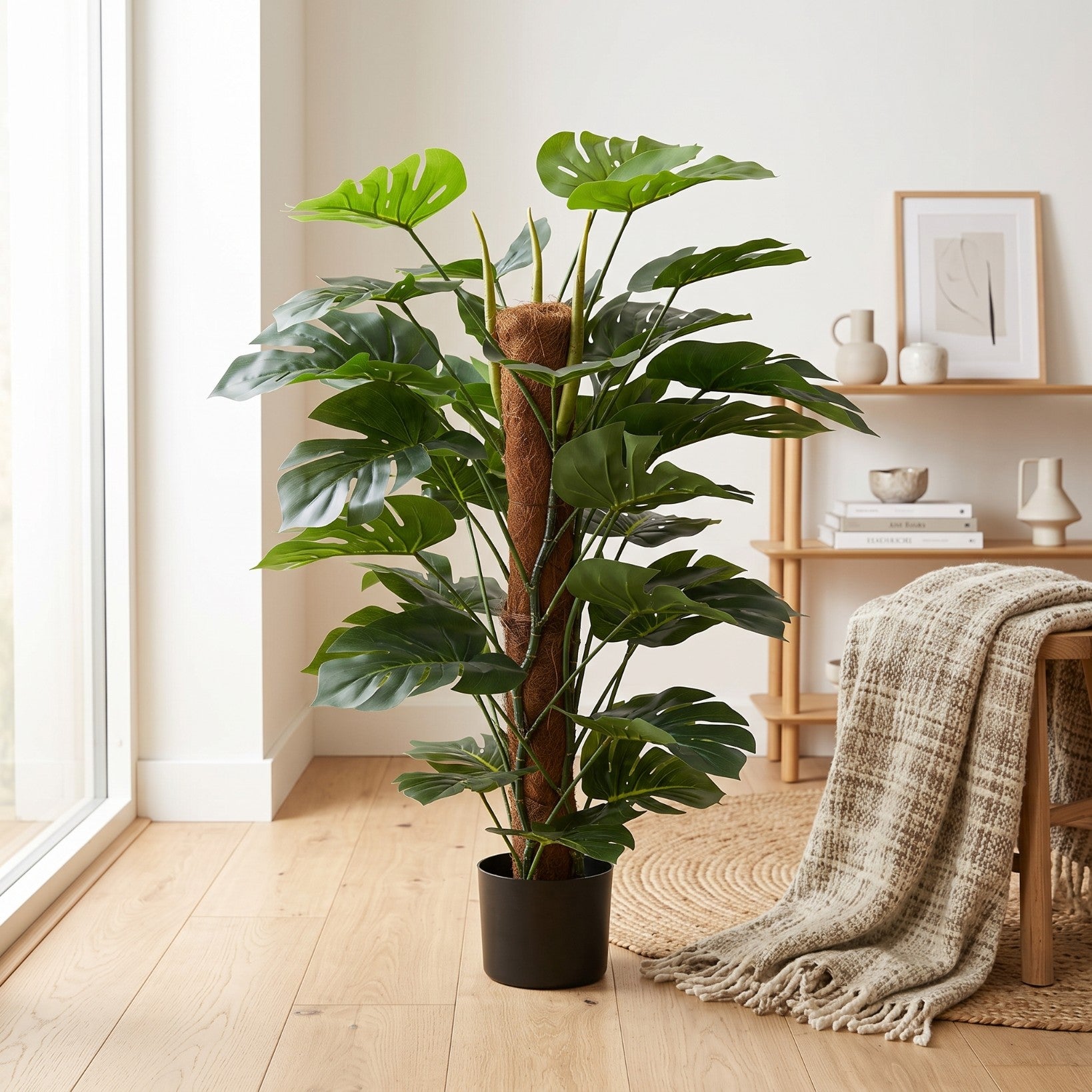 Duża sztuczna monstera w doniczce 110 cm na słupku kokosowym do salonu i biura