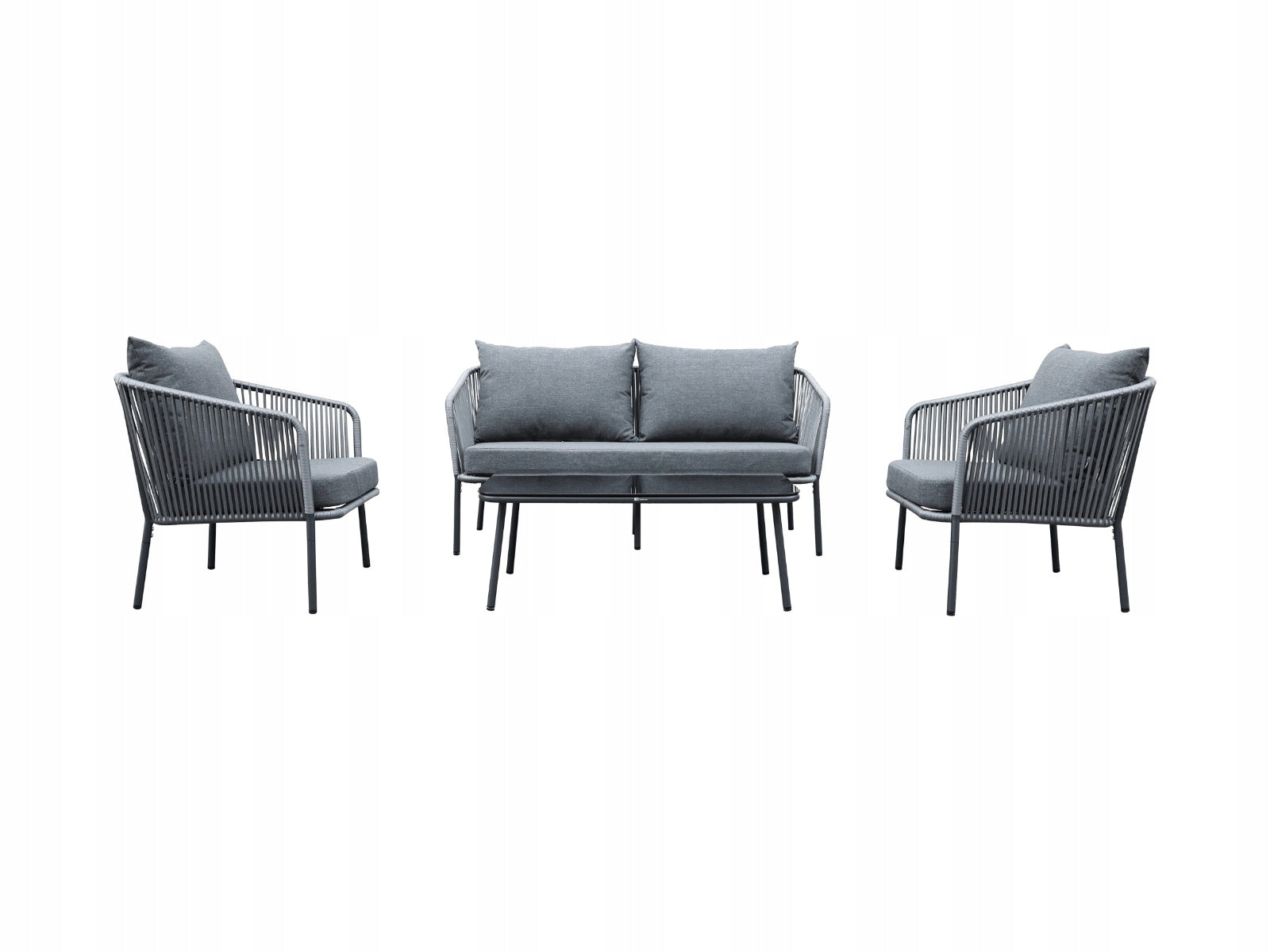 Zestaw mebli ogrodowych antracyt aluminiowa sofa 2 fotele stolik sznurowany