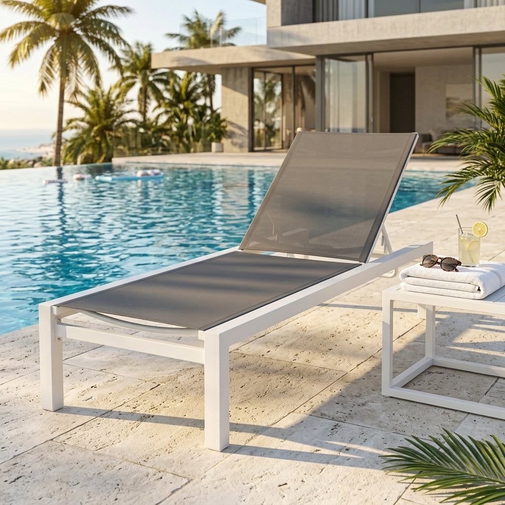 Leżak Ogrodowy Basenowy Aluminium Leżanka na Taras 190x65x30 cm Biały Szary