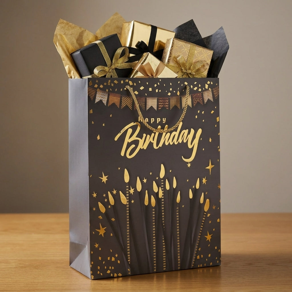 Torba Prezentowa 32x26x12 cm Czarno-Złota Happy Birthday Świeczki