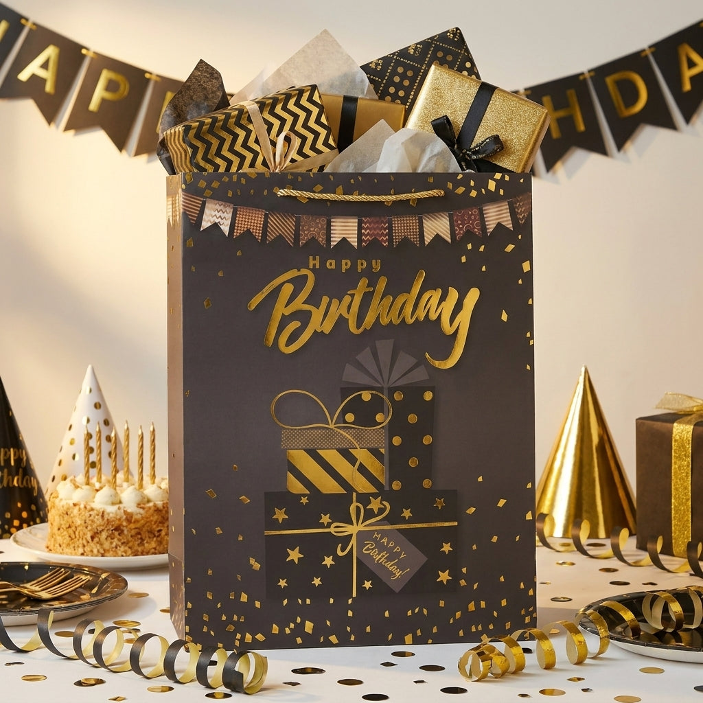 Torba Prezentowa 23x18x10 Czarno-Złota Happy Birthday Prezent