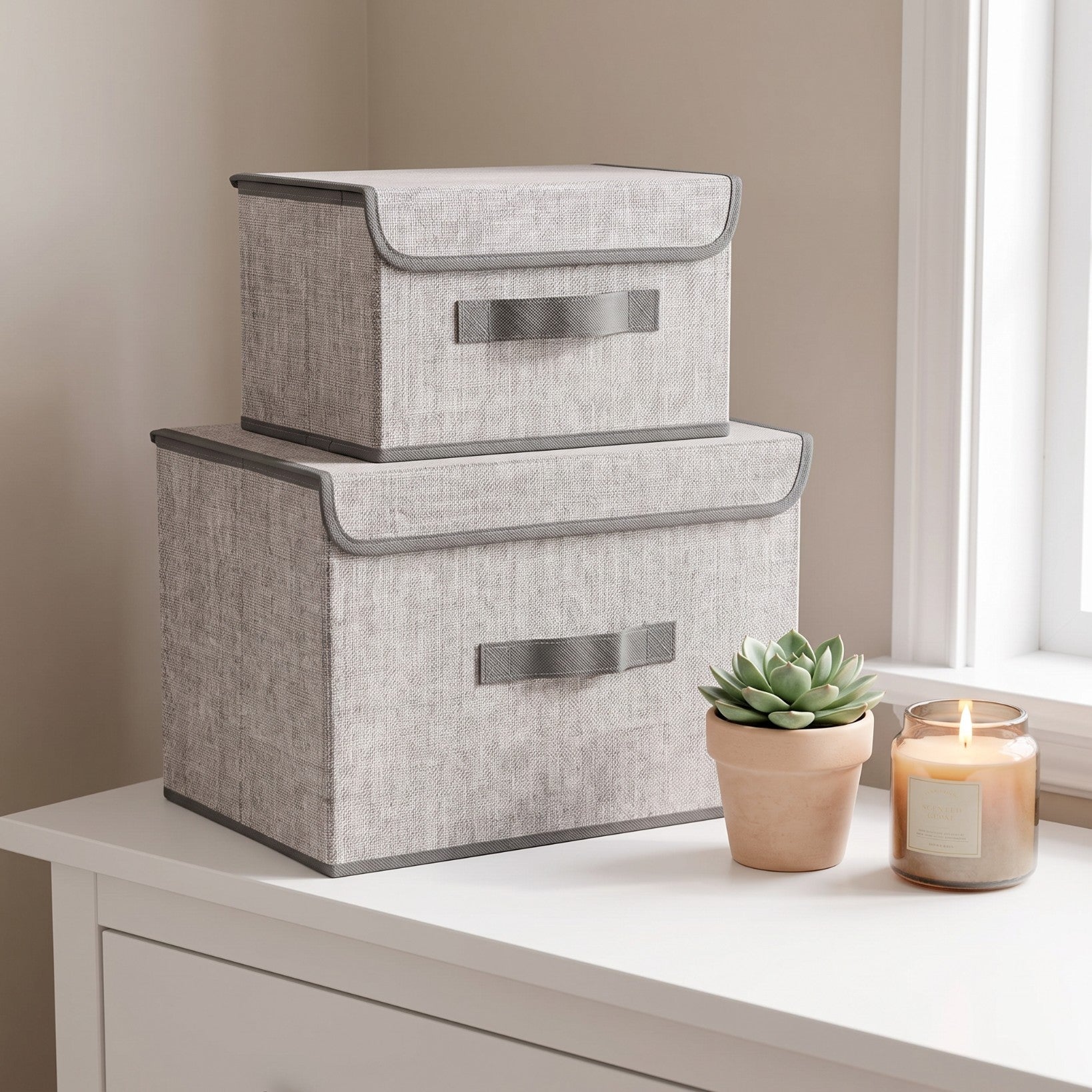 Organizery tekstylne Szare 38x25x23cm + 26x20x16cm kpl. 2 sztuk z pokrywami
