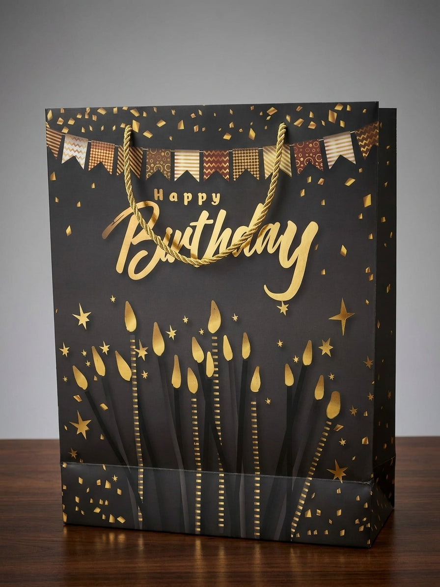Torba Prezentowa 32x26x12 cm Czarno-Złota Happy Birthday Świeczki