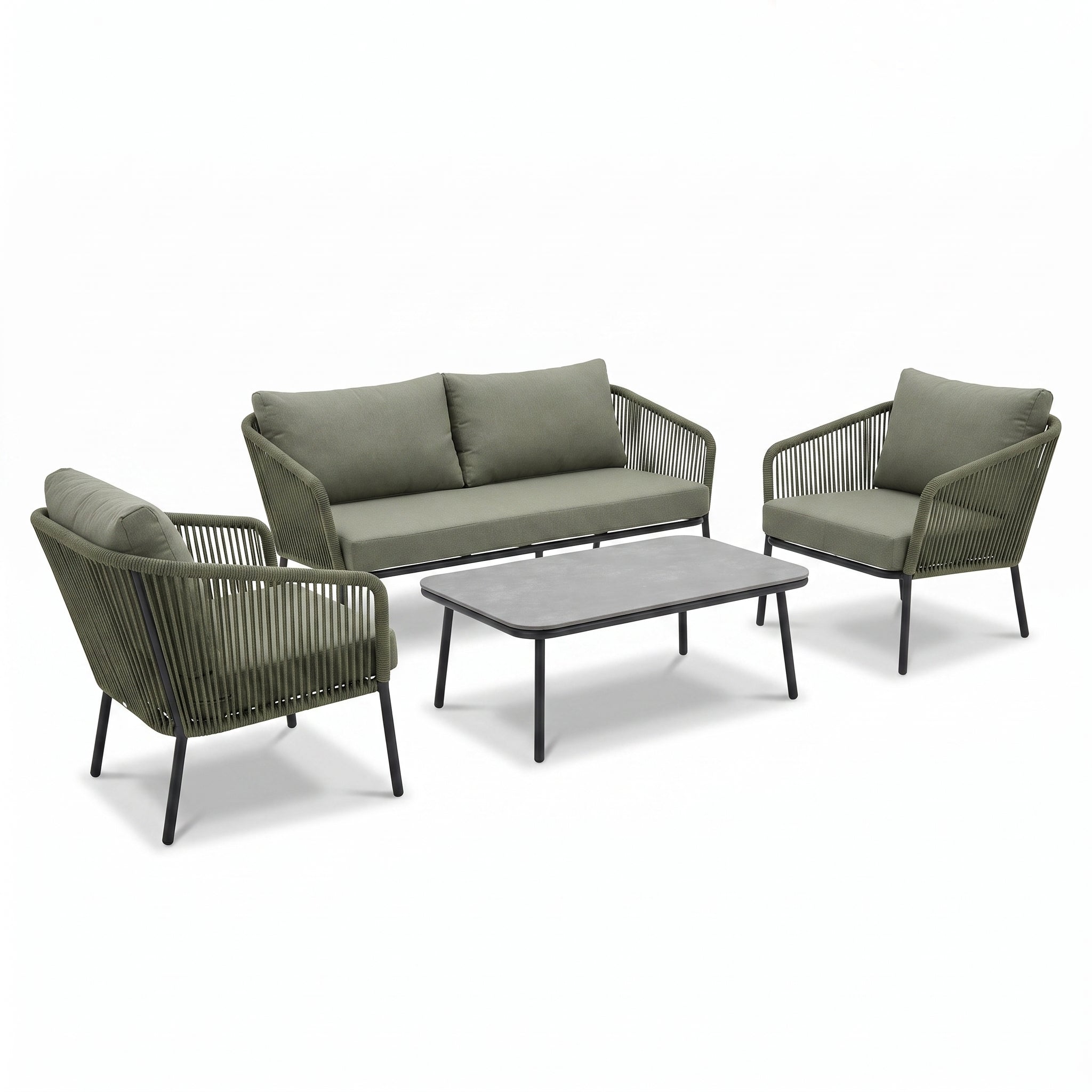 Zestaw mebli ogrodowych zielony aluminium sofa fotele stolik sznurowanie