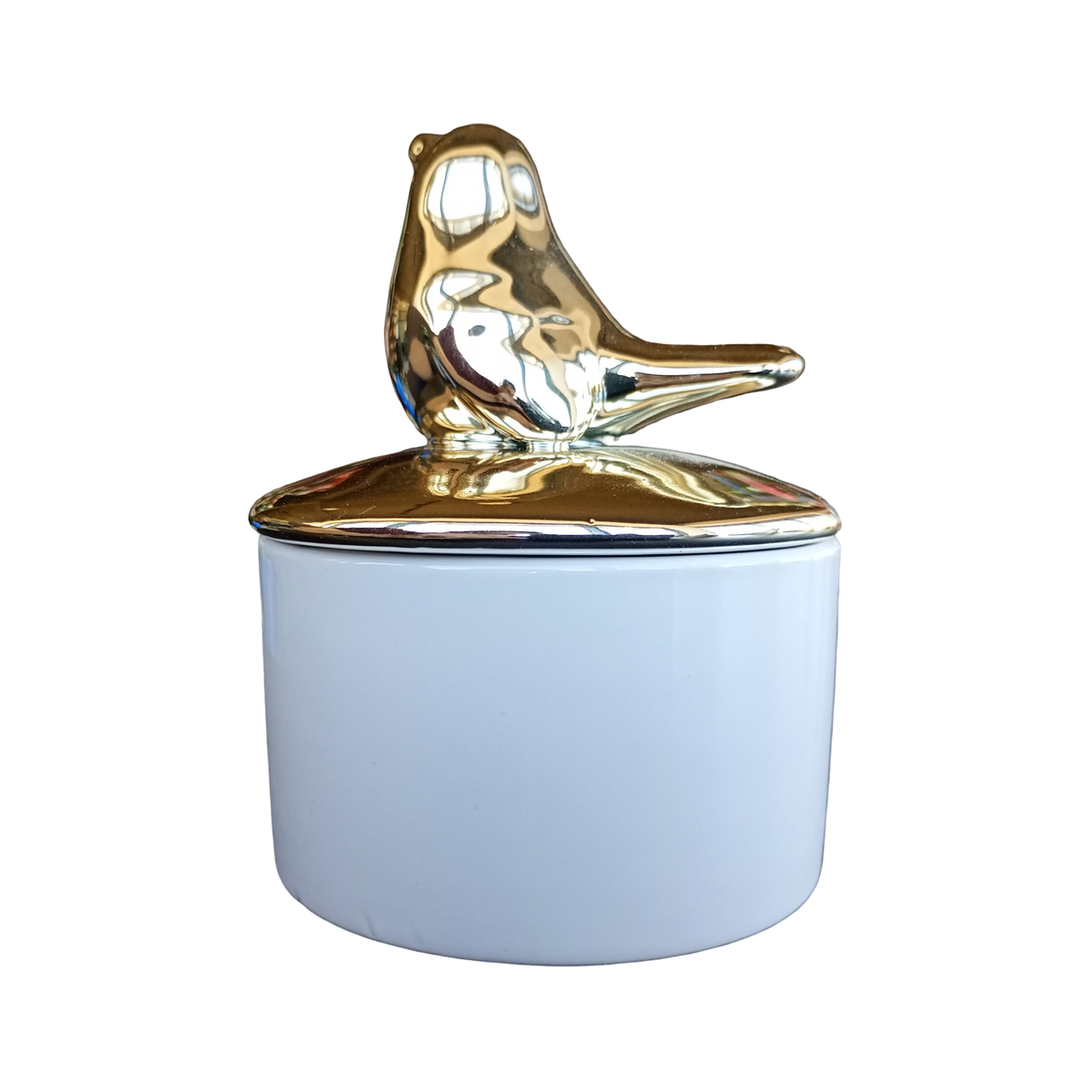 Szkatułka ceramiczna ptaszek biała złota pokrywka 10cm na biżuterię prezent