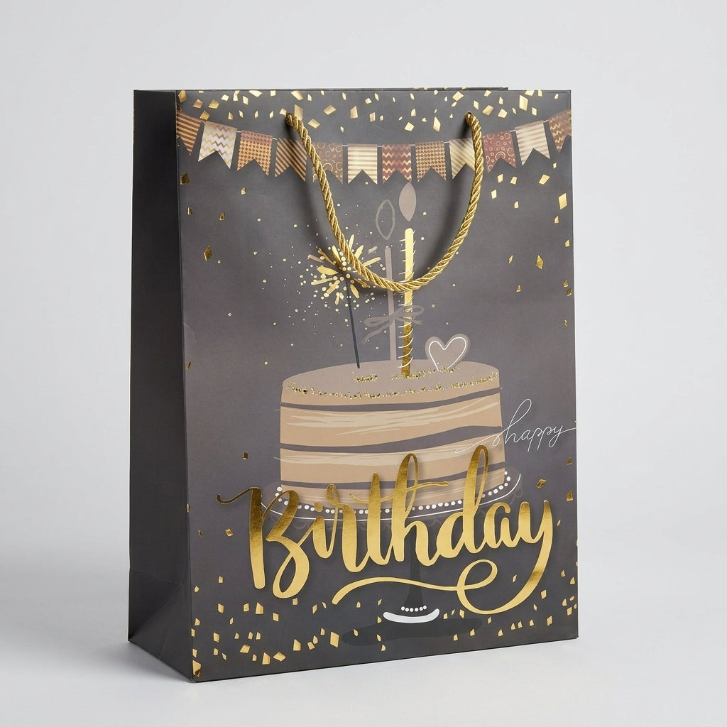 Torba Prezentowa 32x26x12 Czarno-Złota Happy Birthday Tort