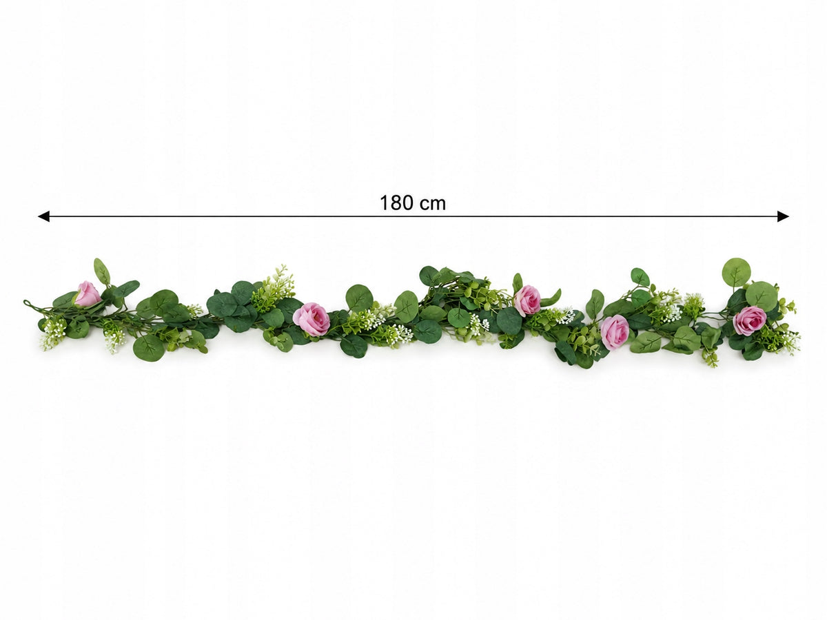 Girlanda kwiatowa 180 cm różowe róże z eukaliptusem