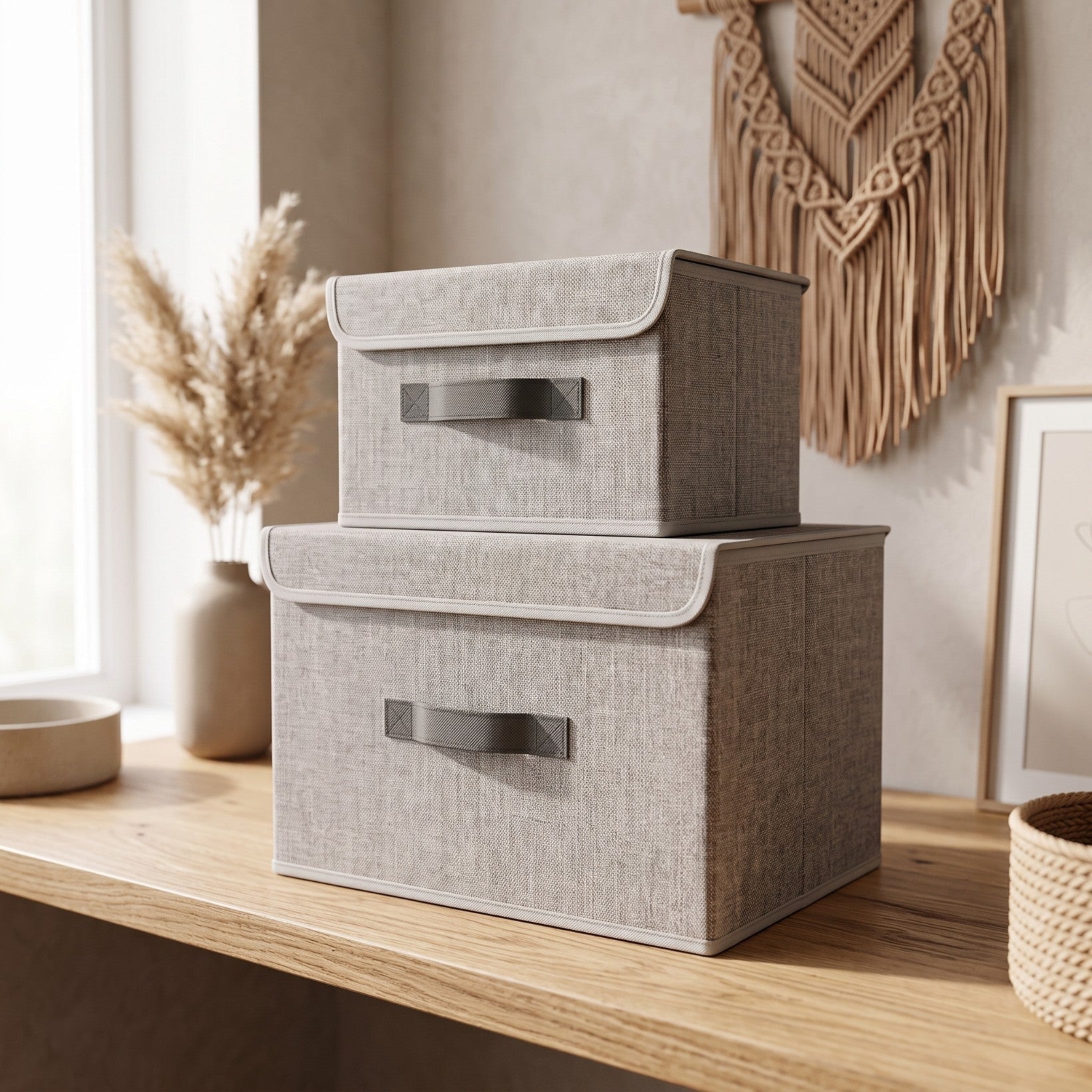 Organizery tekstylne Szare 38x25x23cm + 26x20x16cm kpl. 2 sztuk z pokrywami