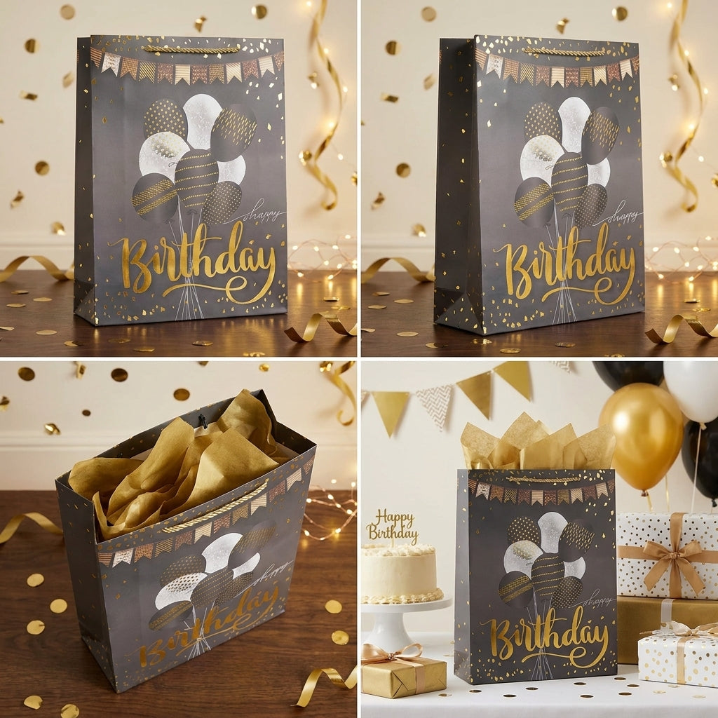 Torba Prezentowa 40x30x12 Czarno-Złota Happy Birthday Balony