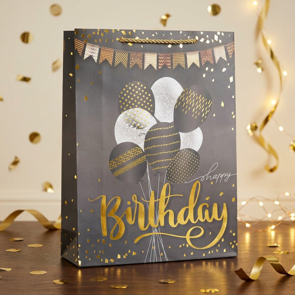 Torba Prezentowa 23x18x10 Czarno-Złota Happy Birthday Balony