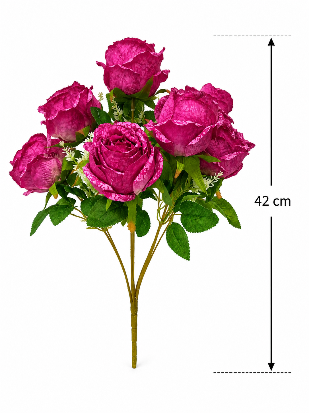Bukiet Róż Sztucznych 42 cm 7 Główek Ciemny Róż Kwiaty Dekoracyjne do Wazonu