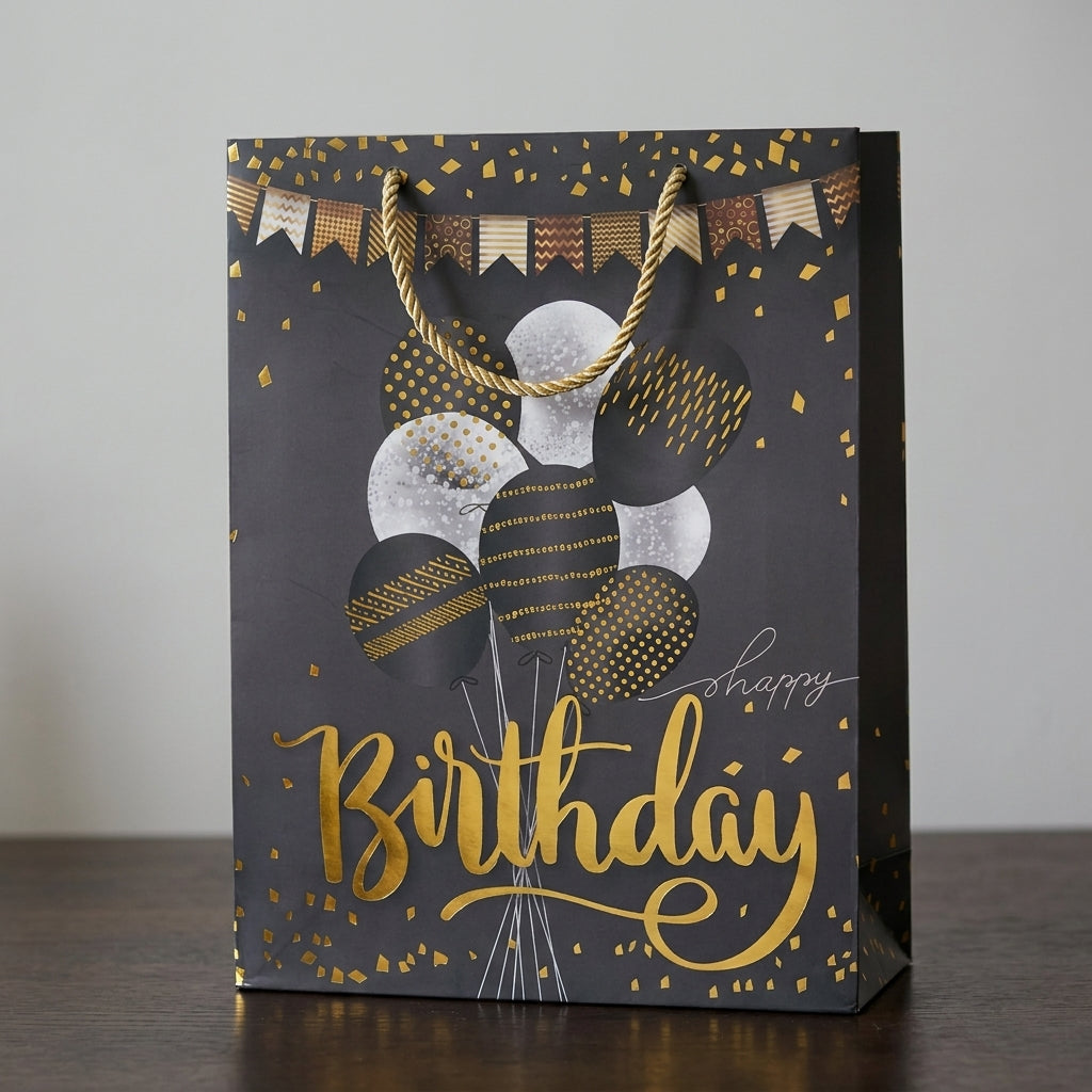 Torba Prezentowa 32x26x12 Czarno-Złota Happy Birthday Balony