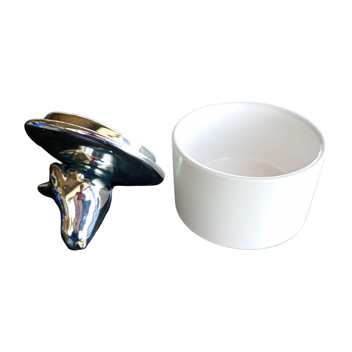 Szkatułka ceramiczna ptaszek biała srebrna pokrywka 10cm na biżuterię, zdjęcie 4