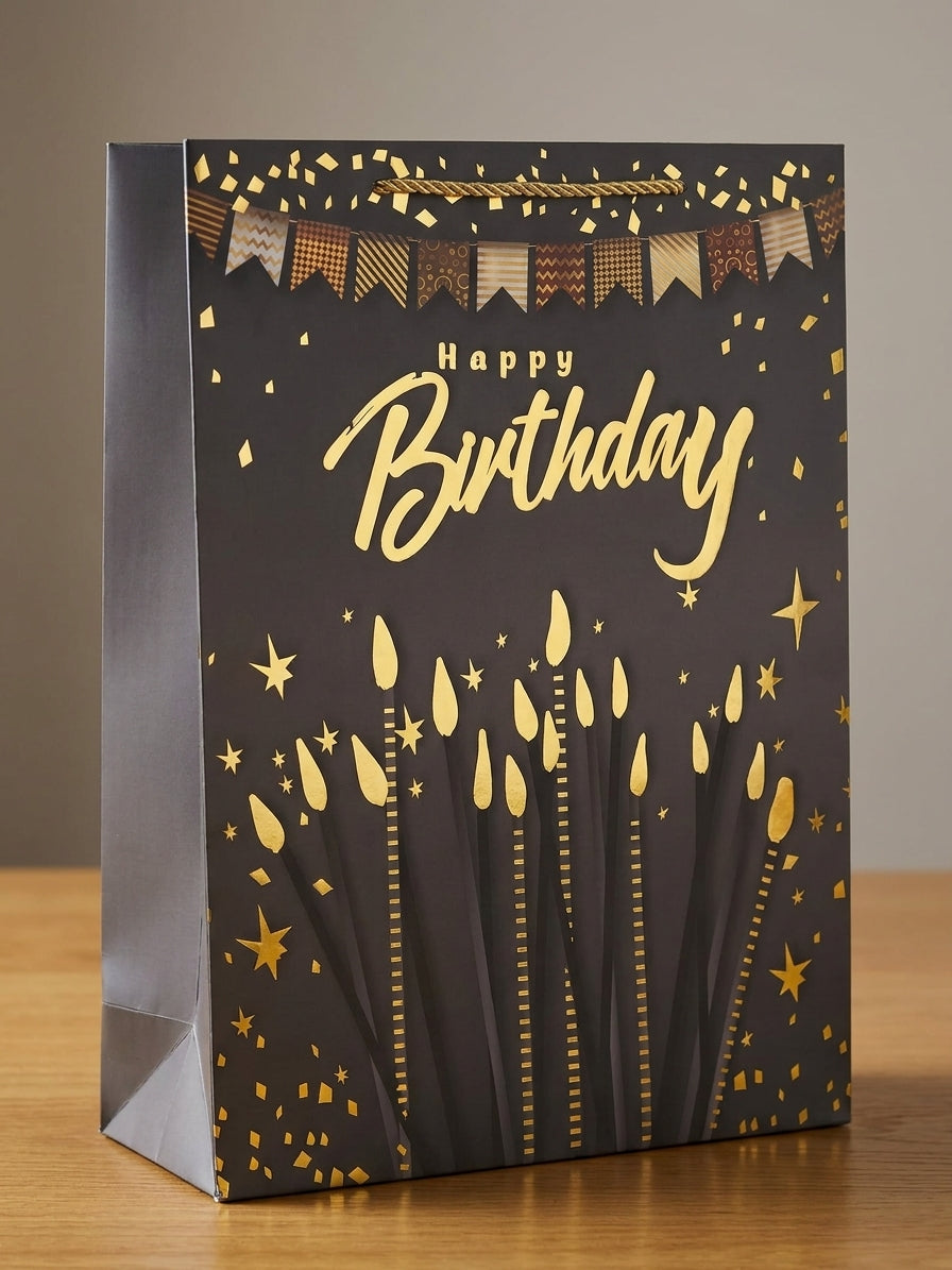 Torba Prezentowa 23x18x10 Czarno-Złota Happy Birthday Świeczki