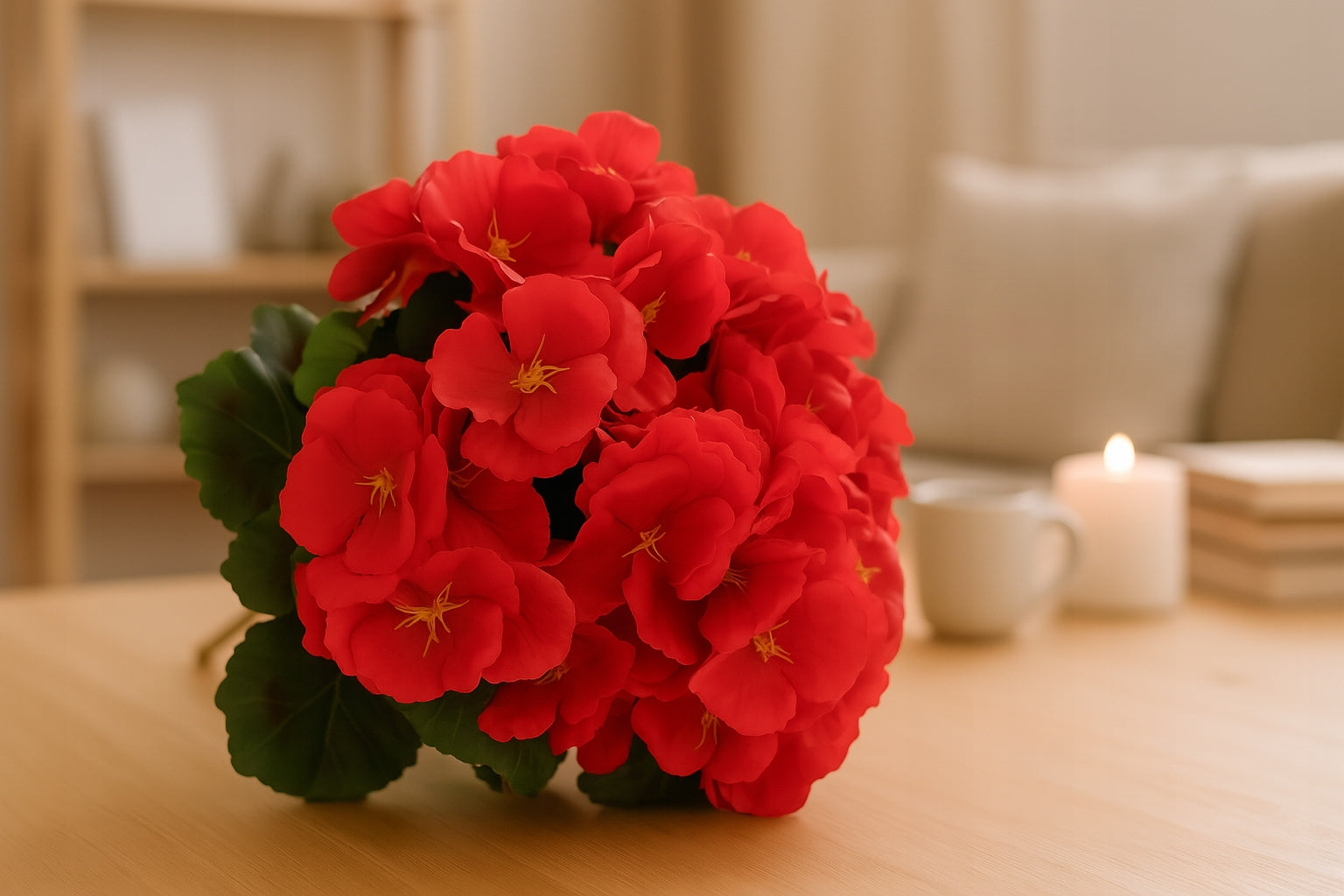 Sztuczna Pelargonia Czerwona Bukiet 7 Gałązek 37 cm Dekoracja Kwiat Ozdoba