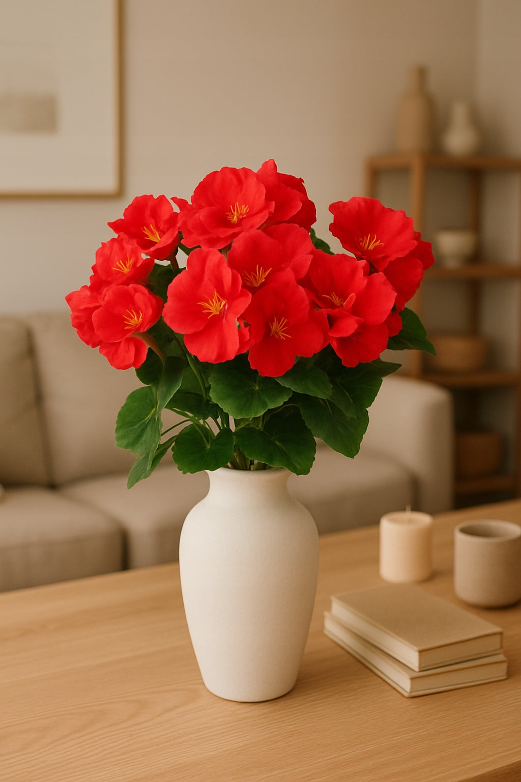 Sztuczna Pelargonia Czerwona Bukiet 7 Gałązek 37 cm Dekoracja Kwiat Ozdoba