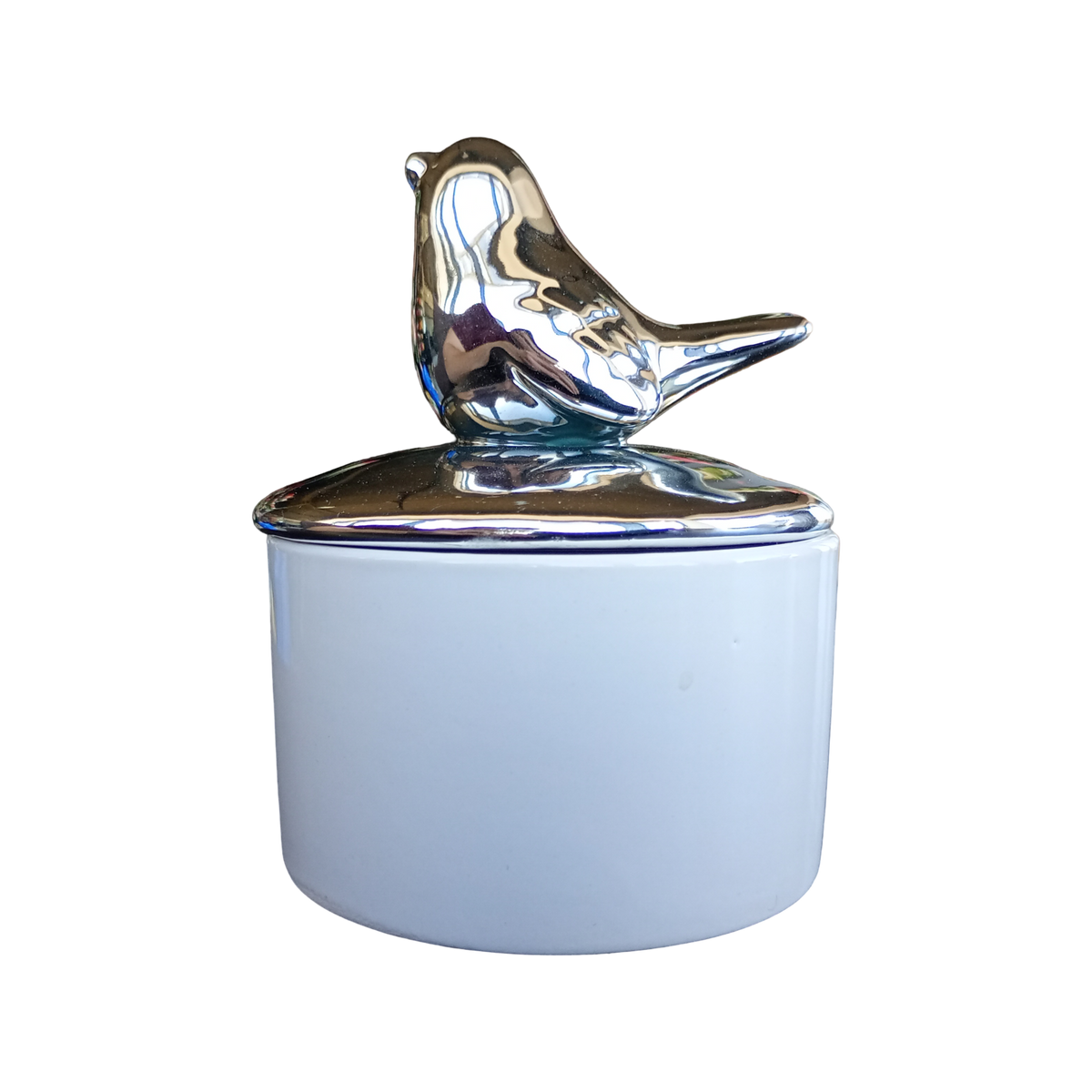 Szkatułka ceramiczna ptaszek biała srebrna pokrywka 10cm na biżuterię