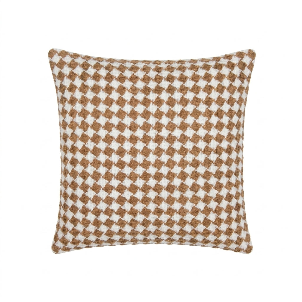 Elegancka Poszewka Dekoracyjna 43x43 cm – Tkana Pepitka 3D (Karmelowy / Brąz / Biel)