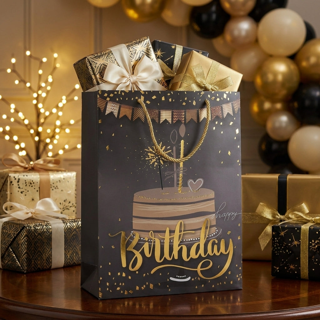 Torba Prezentowa 23x18x10 Czarno-Złota Happy Birthday Tort